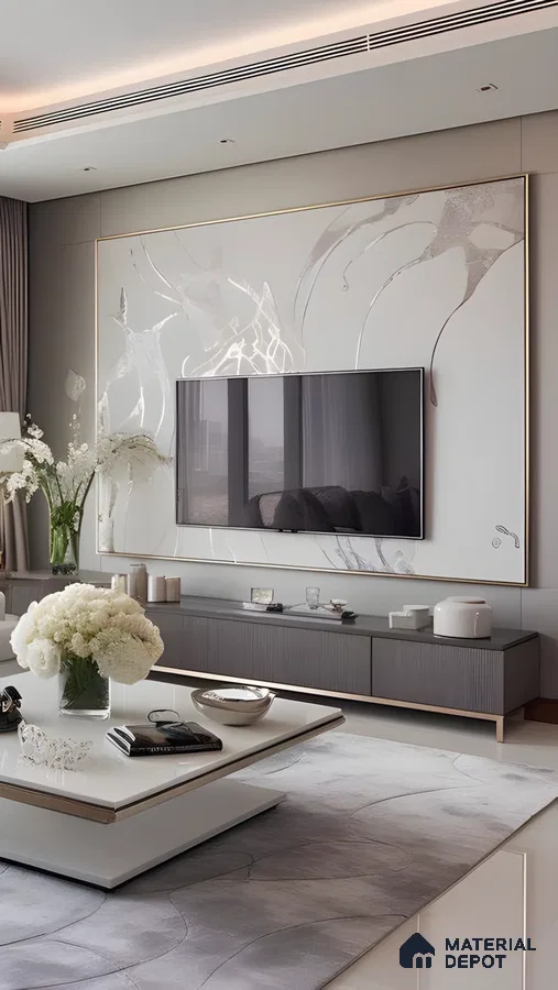 Elegant Marble-Inspired Tv Wall With Soft Tones And Luxe Minimalism | Material Depot