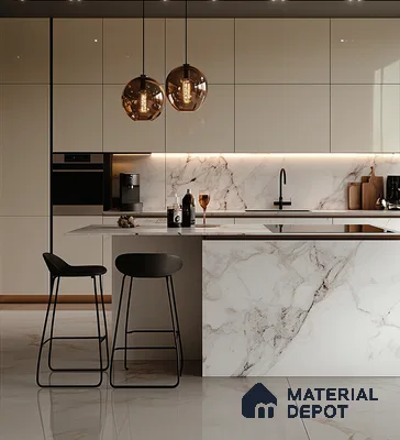 Elegant Marble-Themed Kitchen with Glossy Cabinets and Pendant Lighting | Material Depot