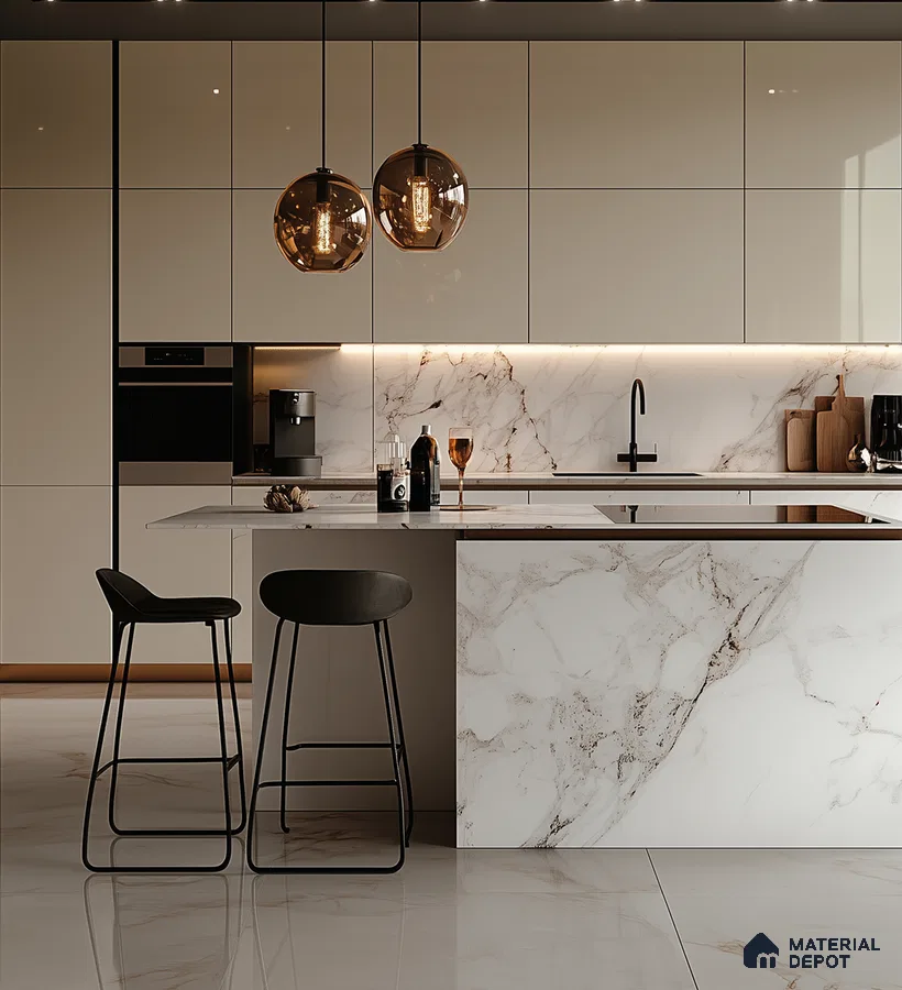 Elegant Marble-Themed Kitchen with Glossy Cabinets and Pendant Lighting | Material Depot