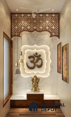 Elegant Marble Pooja Room with Wooden Accents and Intricate Ceiling | Material Depot