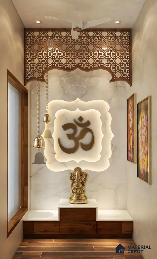 Elegant Marble Pooja Room with Wooden Accents and Intricate Ceiling | Material Depot