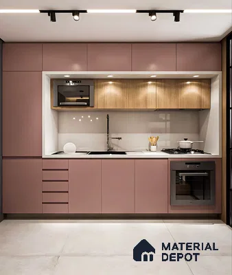 Elegant Matte Pink And Wood Kitchen | Material Depot
