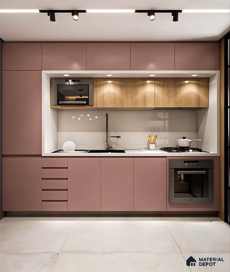 Elegant Matte Pink And Wood Kitchen | Material Depot