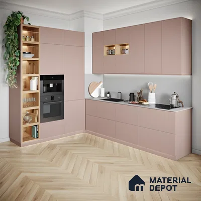Elegant Matte Pink Kitchen With Wood Accents And Integrated Appliances | Material Depot