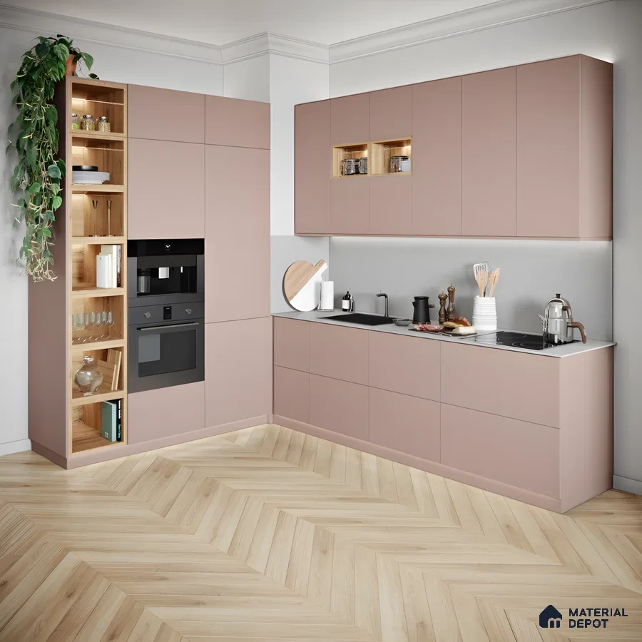 Elegant Matte Pink Kitchen With Wood Accents And Integrated Appliances | Material Depot