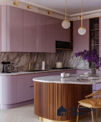 Elegant Mauve Kitchen with Marble Backsplash and Luxurious Gold Accents | Material Depot