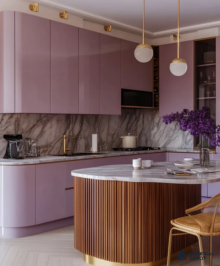 Elegant Mauve Kitchen with Marble Backsplash and Luxurious Gold Accents | Material Depot