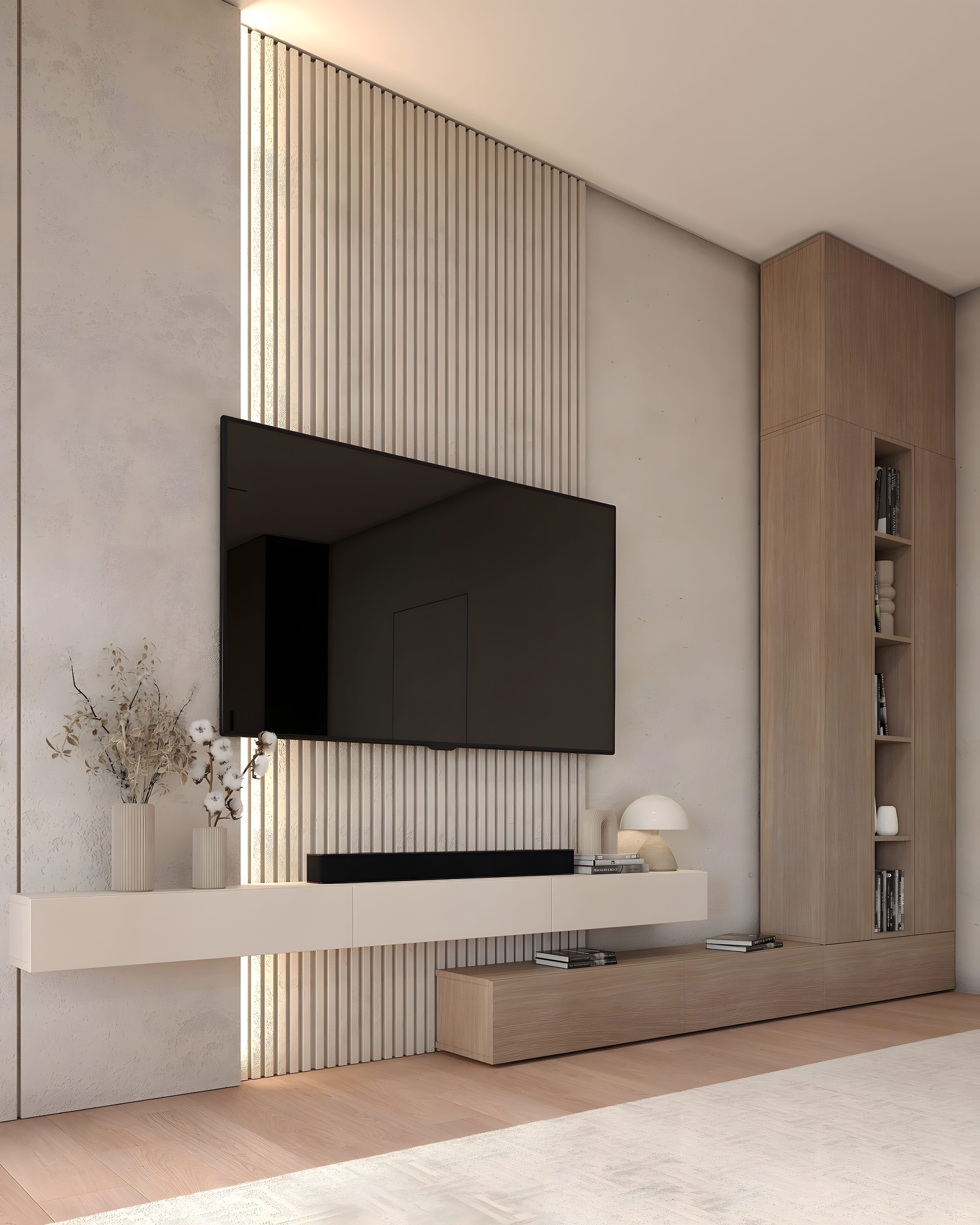 Elegant Media Wall Unit For Modern Homes: Fluted Panels And Built-In Shelving | Material Depot