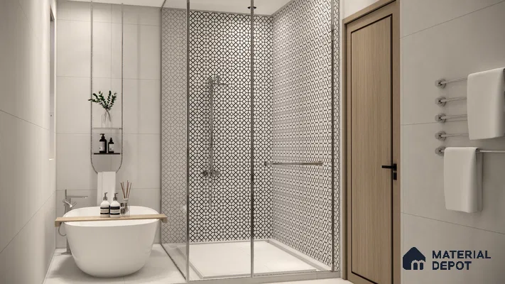 Elegant Minimalist Bathroom with Black & White Geometric Shower Wall | Material Depot