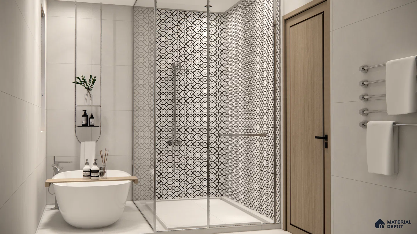 Elegant Minimalist Bathroom with Black & White Geometric Shower Wall | Material Depot