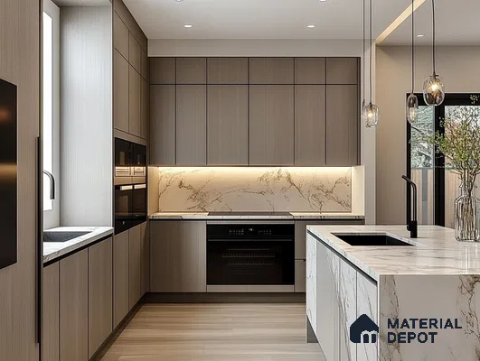 Elegant Minimalist Kitchen Design with Marble Features and Modern Lighting | Material Depot