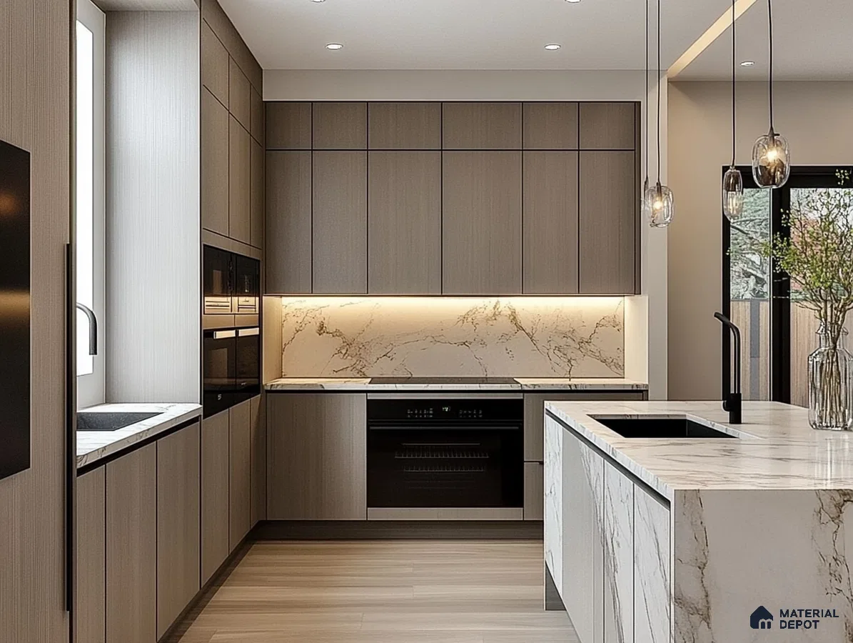Elegant Minimalist Kitchen Design with Marble Features and Modern Lighting | Material Depot
