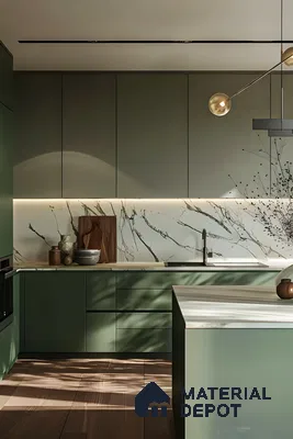 Elegant Minimalist Kitchen in Soft Sage and Natural Wood | Material Depot