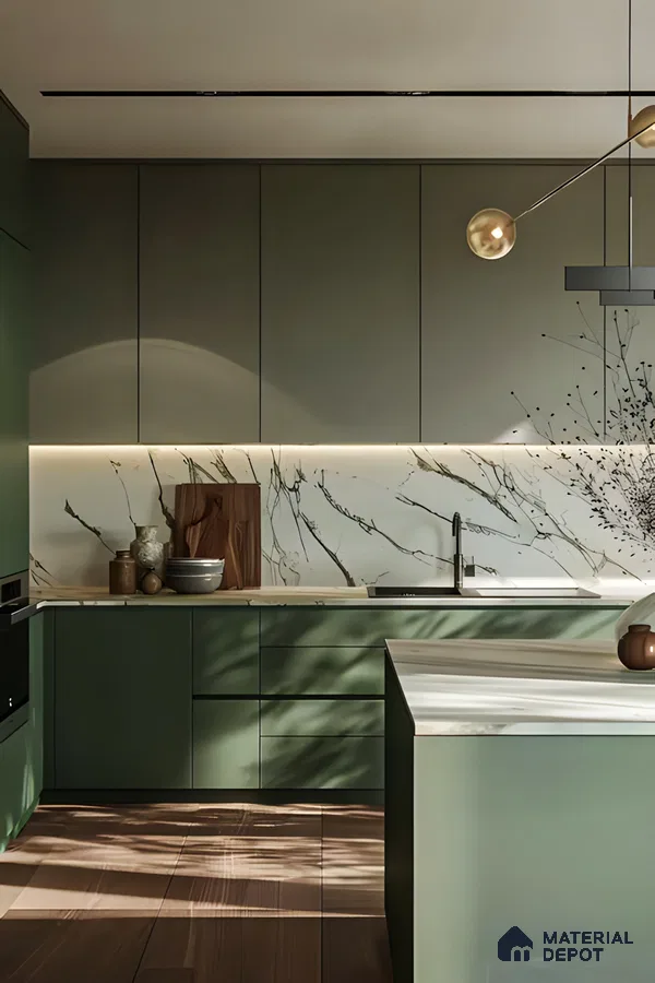 Elegant Minimalist Kitchen in Soft Sage and Natural Wood | Material Depot