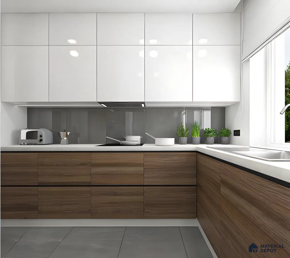 Elegant Minimalist Kitchen With White Glossy And Wooden Textured Laminates | Material Depot