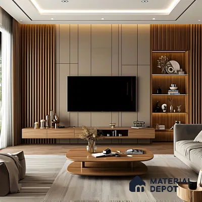 Wooden TV Unit with Louvers and plain Laminate | Material Depot