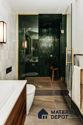 Elegant Modern Bathroom Featuring Rich Green Tile, Open Shower Design, and Contemporary Fixtures | Material Depot
