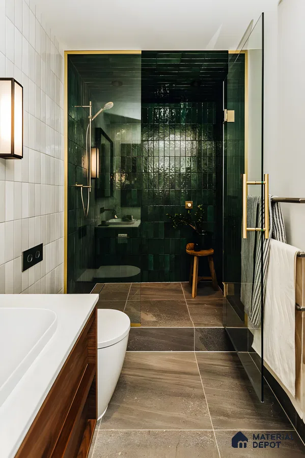 Elegant Modern Bathroom Featuring Rich Green Tile, Open Shower Design, and Contemporary Fixtures | Material Depot