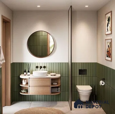 Elegant Modern Bathroom with Green Half-Wall Tiles and Minimalist Vanity | Material Depot