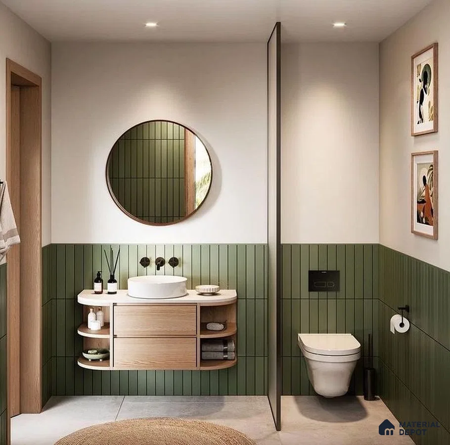 Elegant Modern Bathroom with Green Half-Wall Tiles and Minimalist Vanity | Material Depot