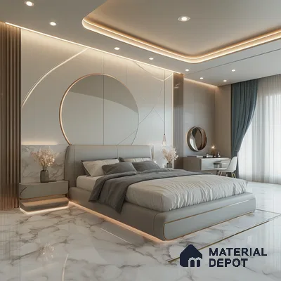 Elegant Modern Bedroom Design with Circular Design Elements and Marble Floors Godrej Ananda Bagalur Aerospace Park | Material Depot