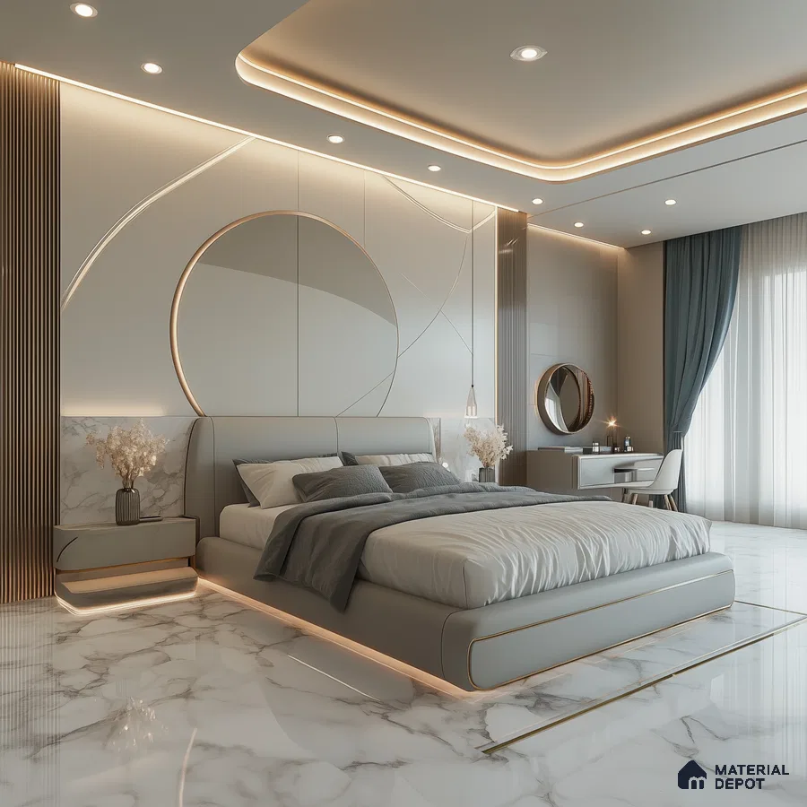 Elegant Modern Bedroom Design with Circular Design Elements and Marble Floors Godrej Ananda Bagalur Aerospace Park | Material Depot