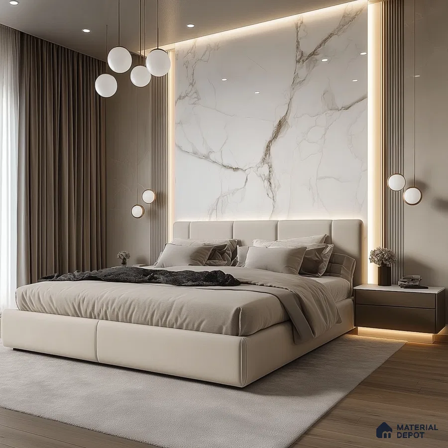 Elegant Modern Bedroom Design with Marble Feature Wall and Pendant Lighting Mana Dale Sarjapur Road | Material Depot