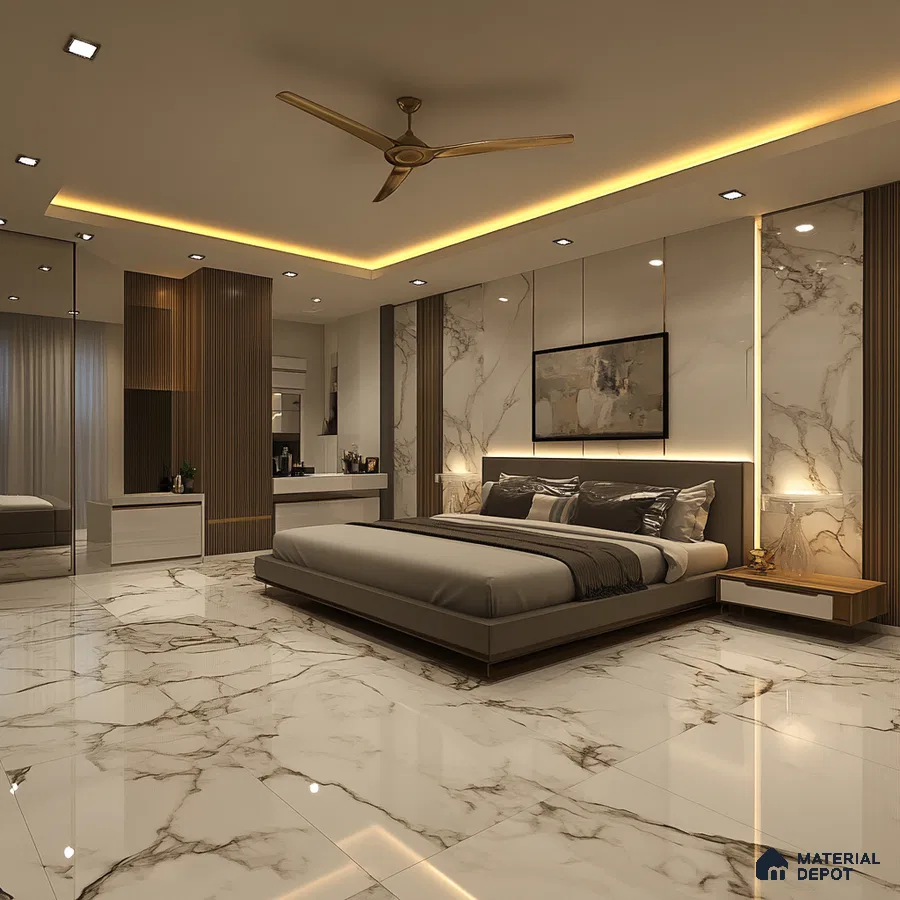 Elegant Modern Bedroom Design with Wood Paneling and Marble Access Salarpuria Sattva Exotic Bagalur Road | Material Depot