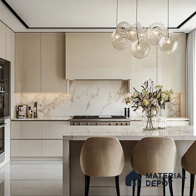 Elegant Modern Kitchen with Marble Backsplash and Crystal Chandelier | Material Depot