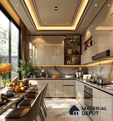 Elegant Modern Kitchen with Marble Backsplash and Glossy Cabinets | Material Depot