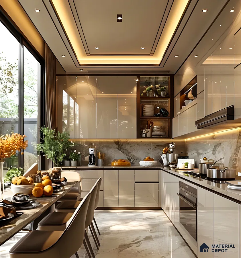 Elegant Modern Kitchen with Marble Backsplash and Glossy Cabinets | Material Depot