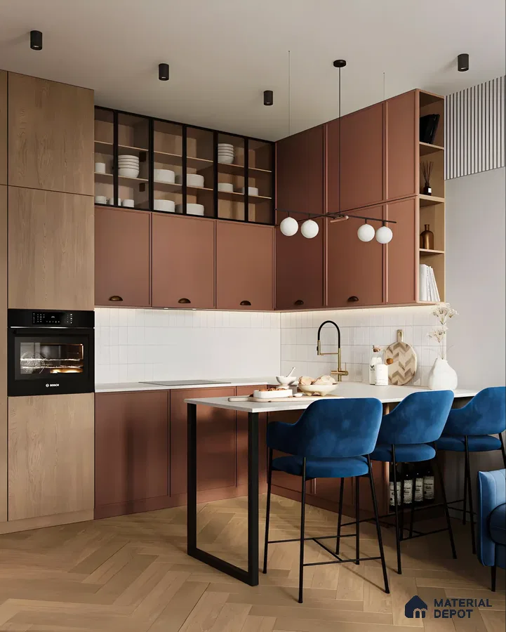 Elegant Modern Kitchen with Terracotta Cabinets and Velvet Seating | Material Depot