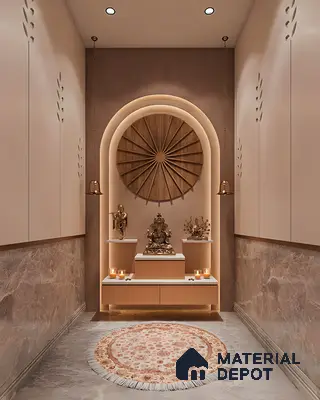 Elegant Modern Pooja Room with Arched Backdrop and Soft Lighting | Material Depot