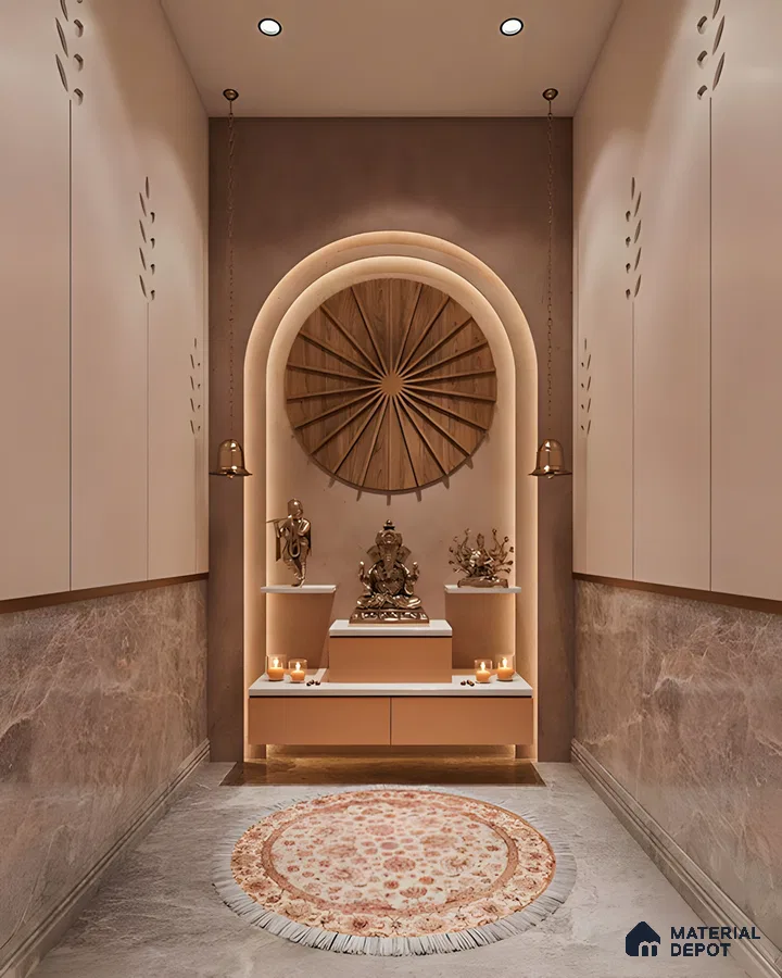 Elegant Modern Pooja Room with Arched Backdrop and Soft Lighting | Material Depot