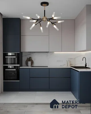 Elegant Navy And Grey Modular Kitchen With Marble Backsplash | Material Depot