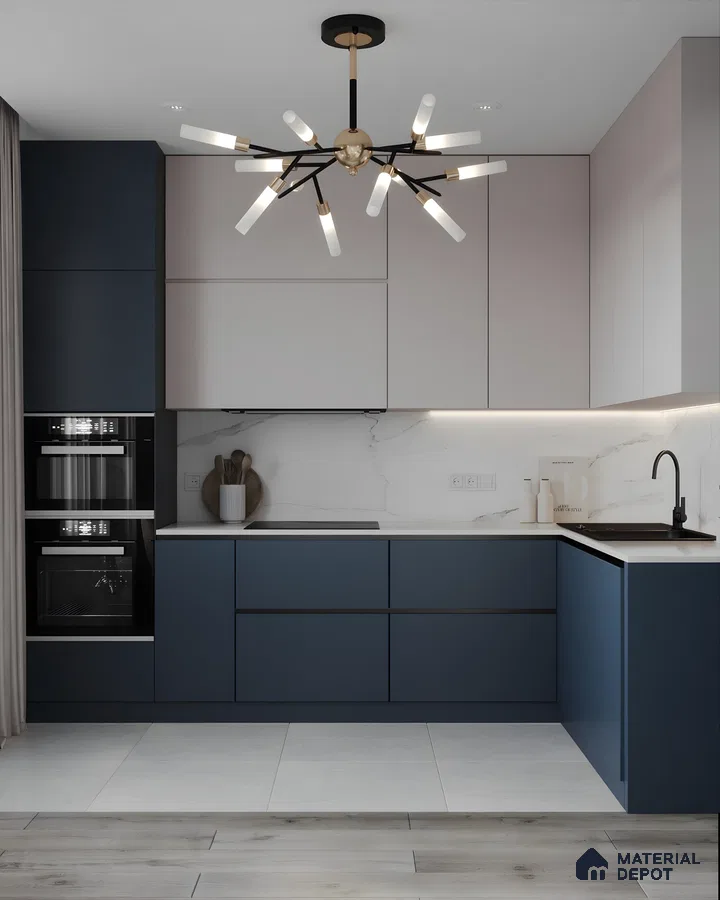 Elegant Navy And Grey Modular Kitchen With Marble Backsplash | Material Depot