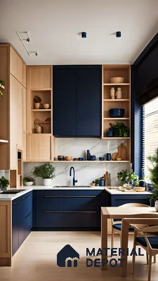 Elegant navy and oak kitchen with marble backsplash, creating a modern and cozy ambiance. | Material Depot
