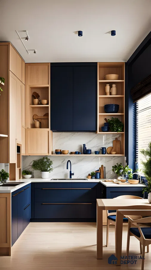Elegant navy and oak kitchen with marble backsplash, creating a modern and cozy ambiance. | Material Depot