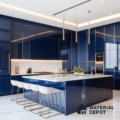 Elegant Navy Blue Glossy Solid Laminate Kitchen with Marble Countertop | Material Depot