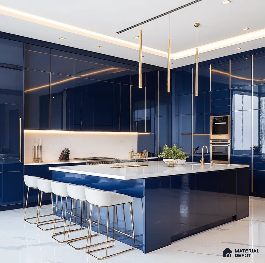 Elegant Navy Blue Glossy Solid Laminate Kitchen with Marble Countertop | Material Depot