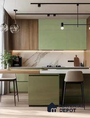 Elegant Olive Green Sparkle Glossy Solid Laminate Kitchen with Wood Accents | Material Depot