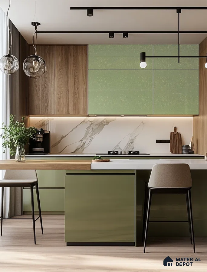 Elegant Olive Green Sparkle Glossy Solid Laminate Kitchen with Wood Accents | Material Depot