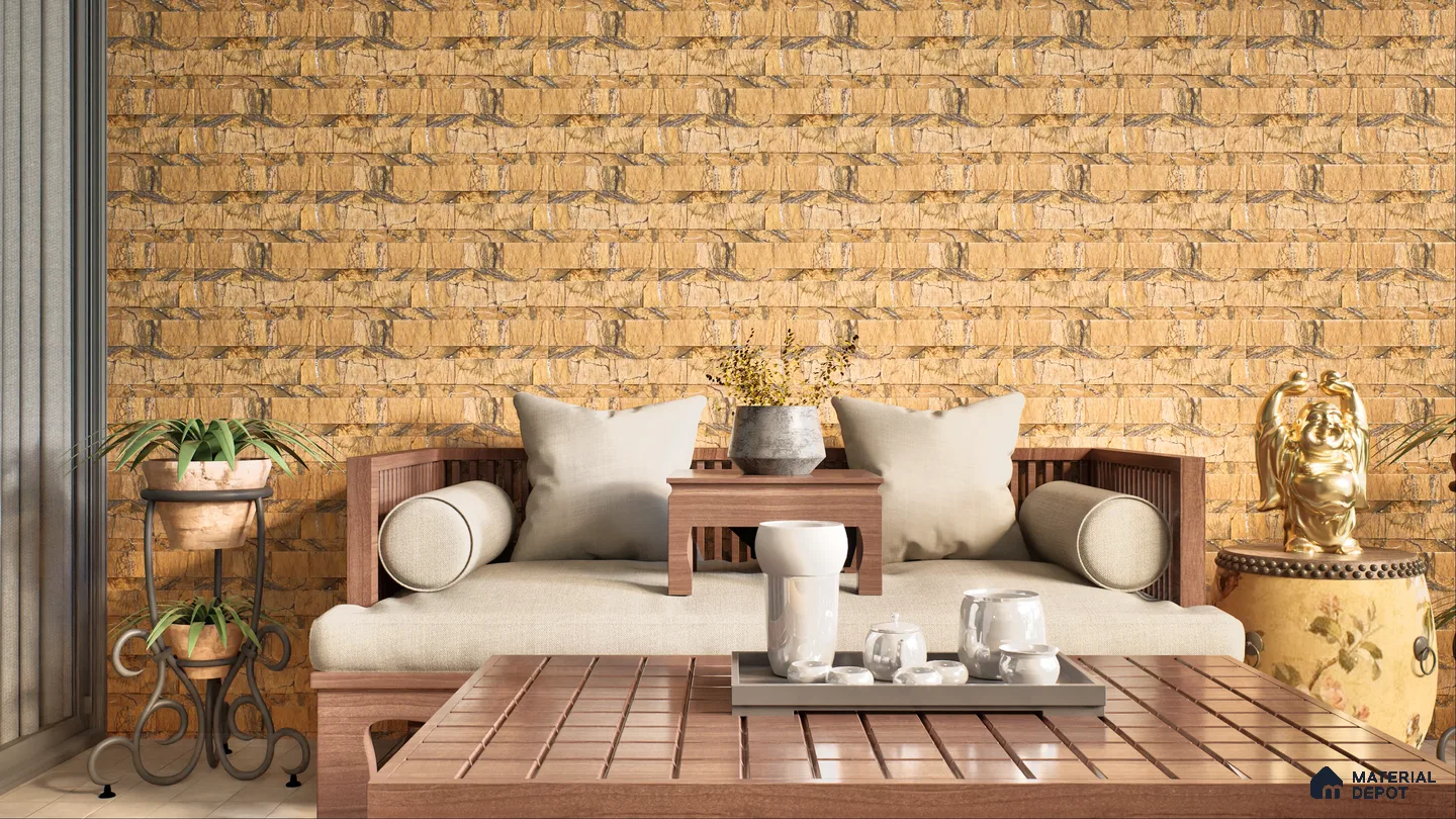 Elegant Outdoor Seating with Handcrafted Yellow Stone Wall | Material Depot
