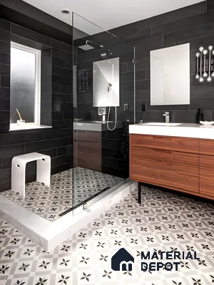 Elegant Patterned Floor Tiles with Sleek Dark Wall Tiles | Material Depot