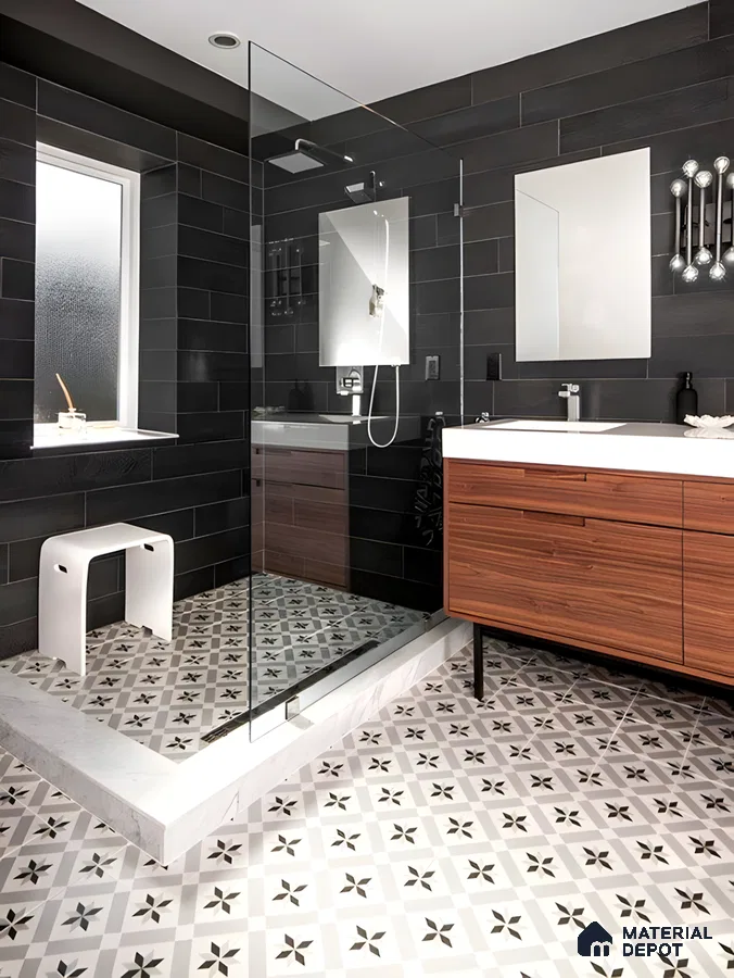 Elegant Patterned Floor Tiles with Sleek Dark Wall Tiles | Material Depot