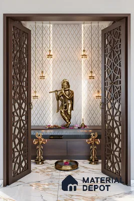 Elegant Pooja Room with Carved Doors and Marble Flooring | Material Depot