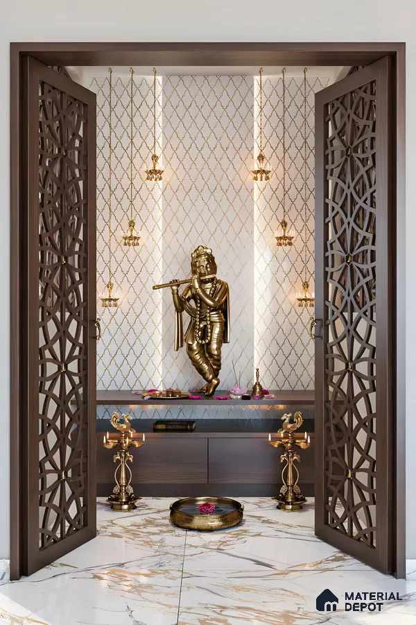 Elegant Pooja Room with Carved Doors and Marble Flooring | Material Depot
