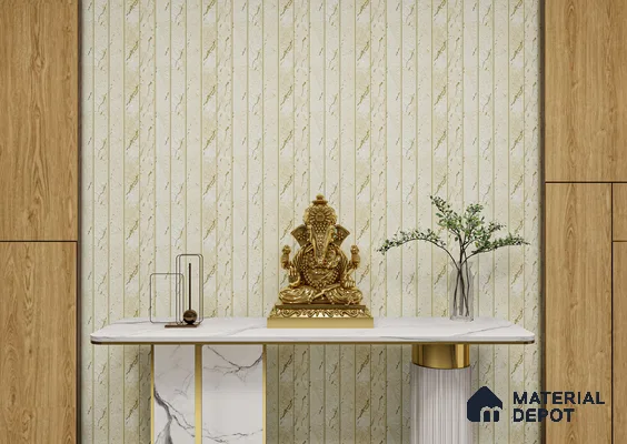 Elegant Pooja Room with Cream Marble Panels and Golden Ganesh Idol | Material Depot
