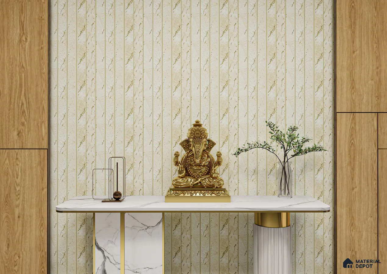 Elegant Pooja Room with Cream Marble Panels and Golden Ganesh Idol | Material Depot