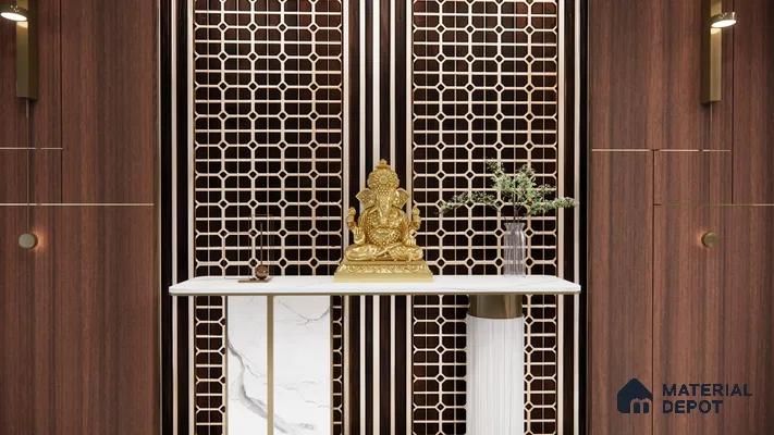 Elegant Pooja Room with Gold Ganesha Idol and Modern Wooden Accents | Material Depot